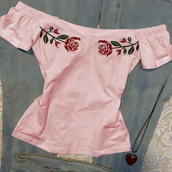 Tops - Original Vintage Romantic Rose Embroidery Pink Short Sleeve T-Shirt Women